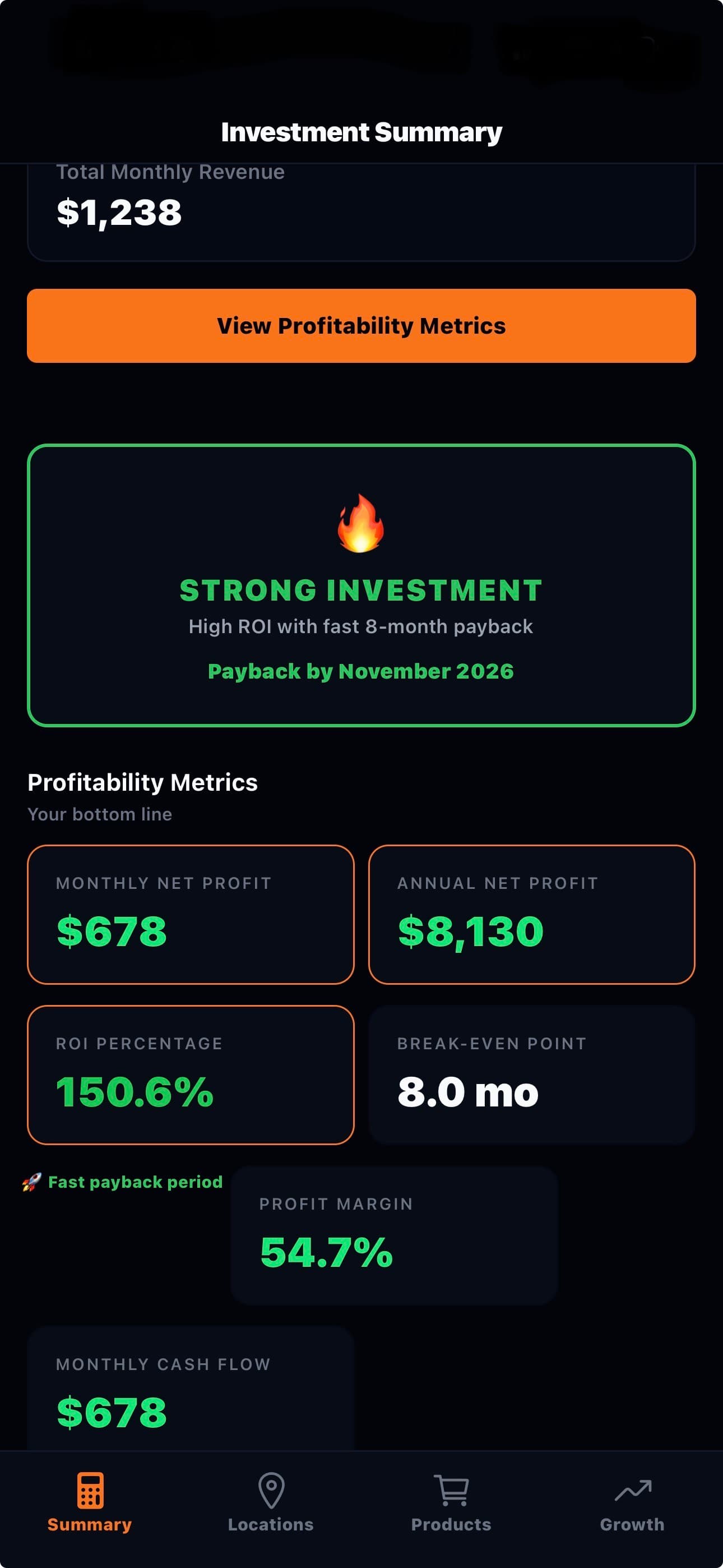VendROI app screenshot showing the calculator dashboard and ROI metrics